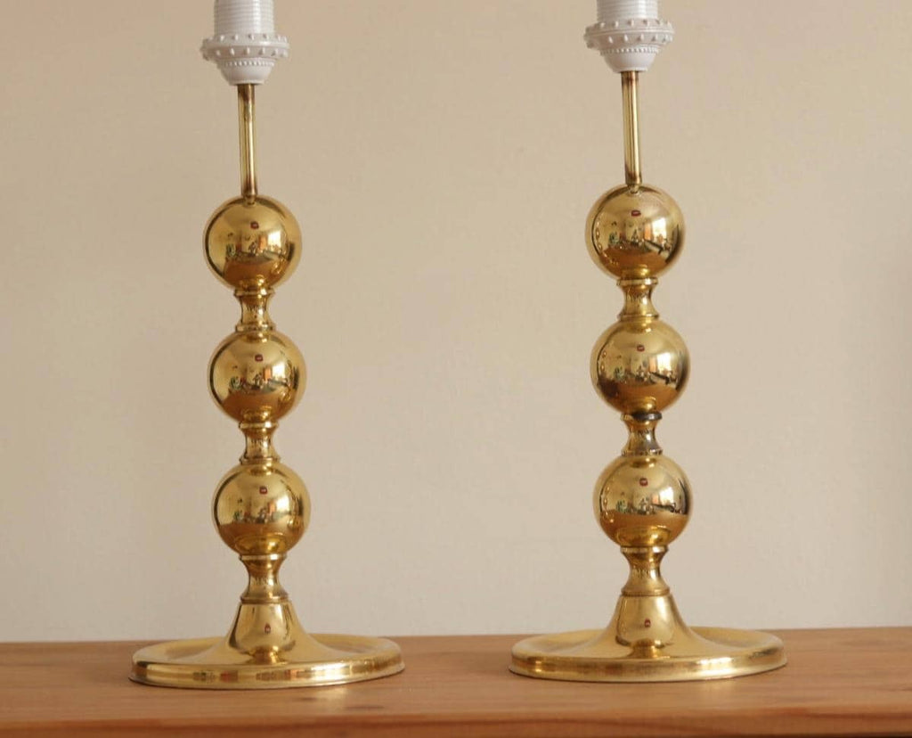 1970's Pair of Brass Bobbin Table lamps