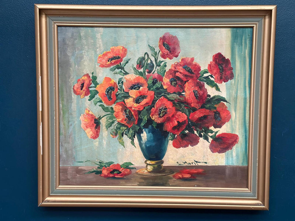 “Red Poppies in Blue Vase” by C. Horst