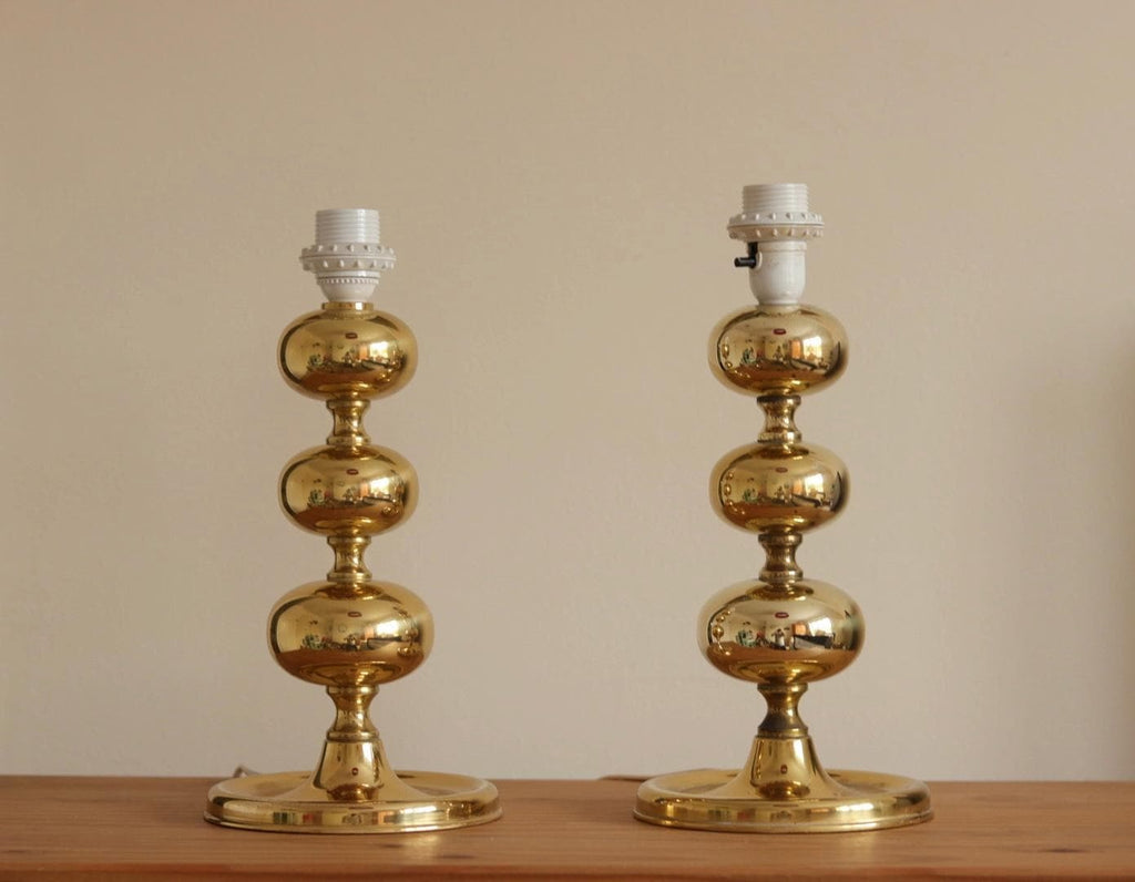Pair of Swedish Brass Bobbin Table lamp by NAFA Nybro Armaturfabrik AB