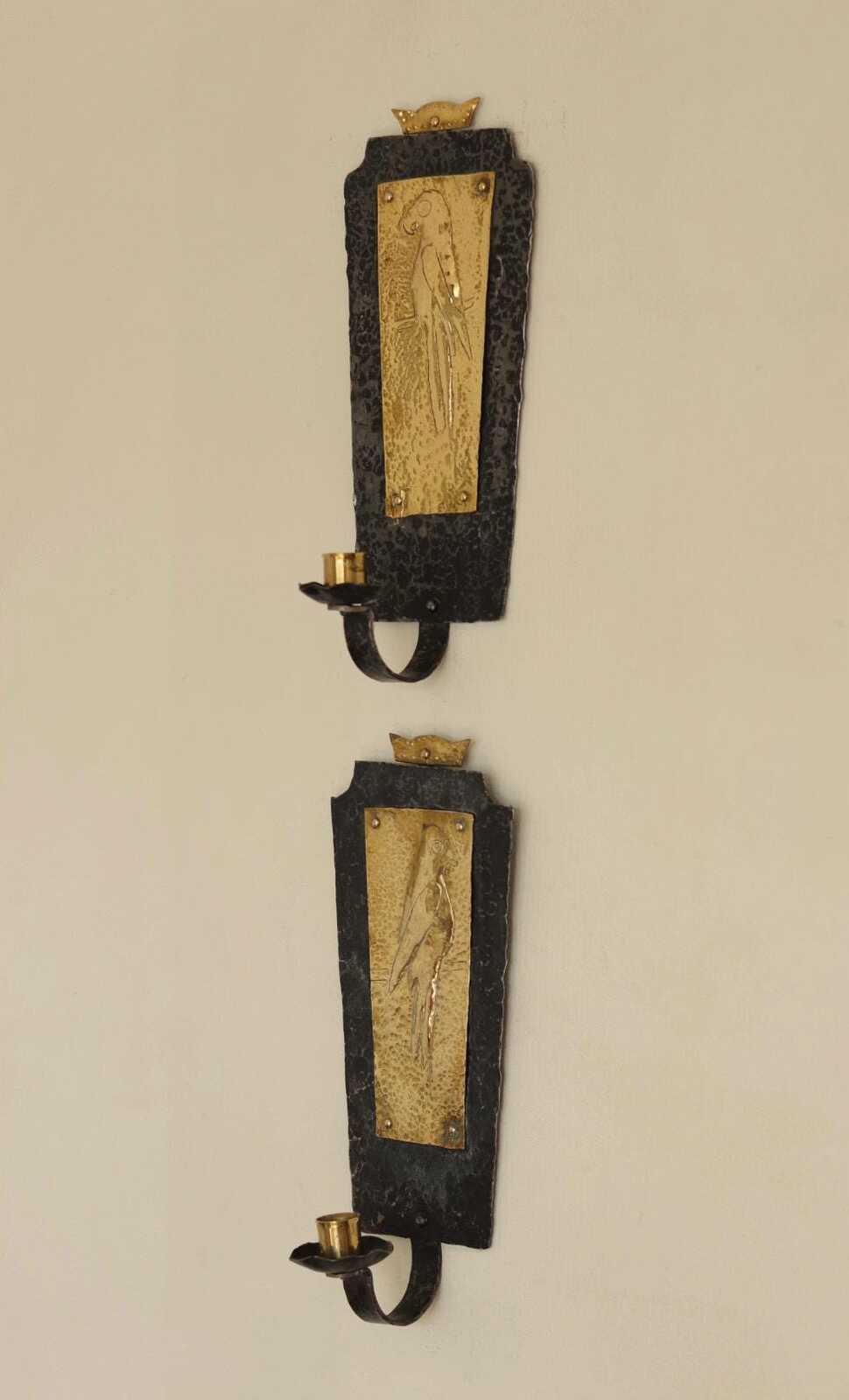 Pair Of Mid Century Swedish Brass and Wrought Iron Sconces with Bird Motifs