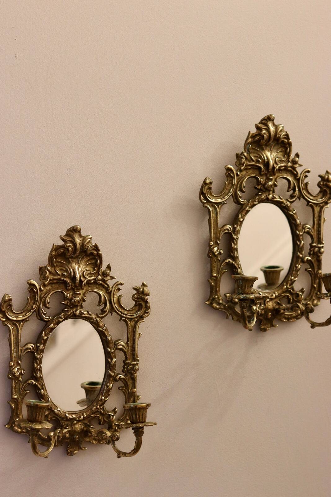 Pair of Antique  Brass Sconces with Mirror