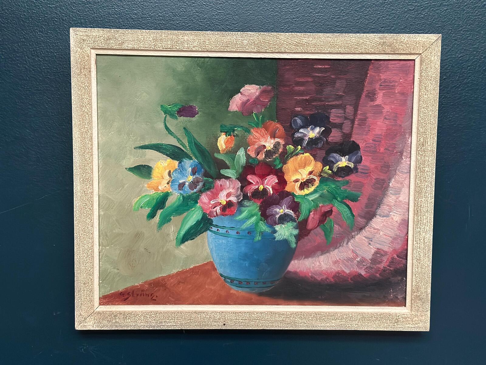 “Pansies in Blue Vase” by G. Stränz