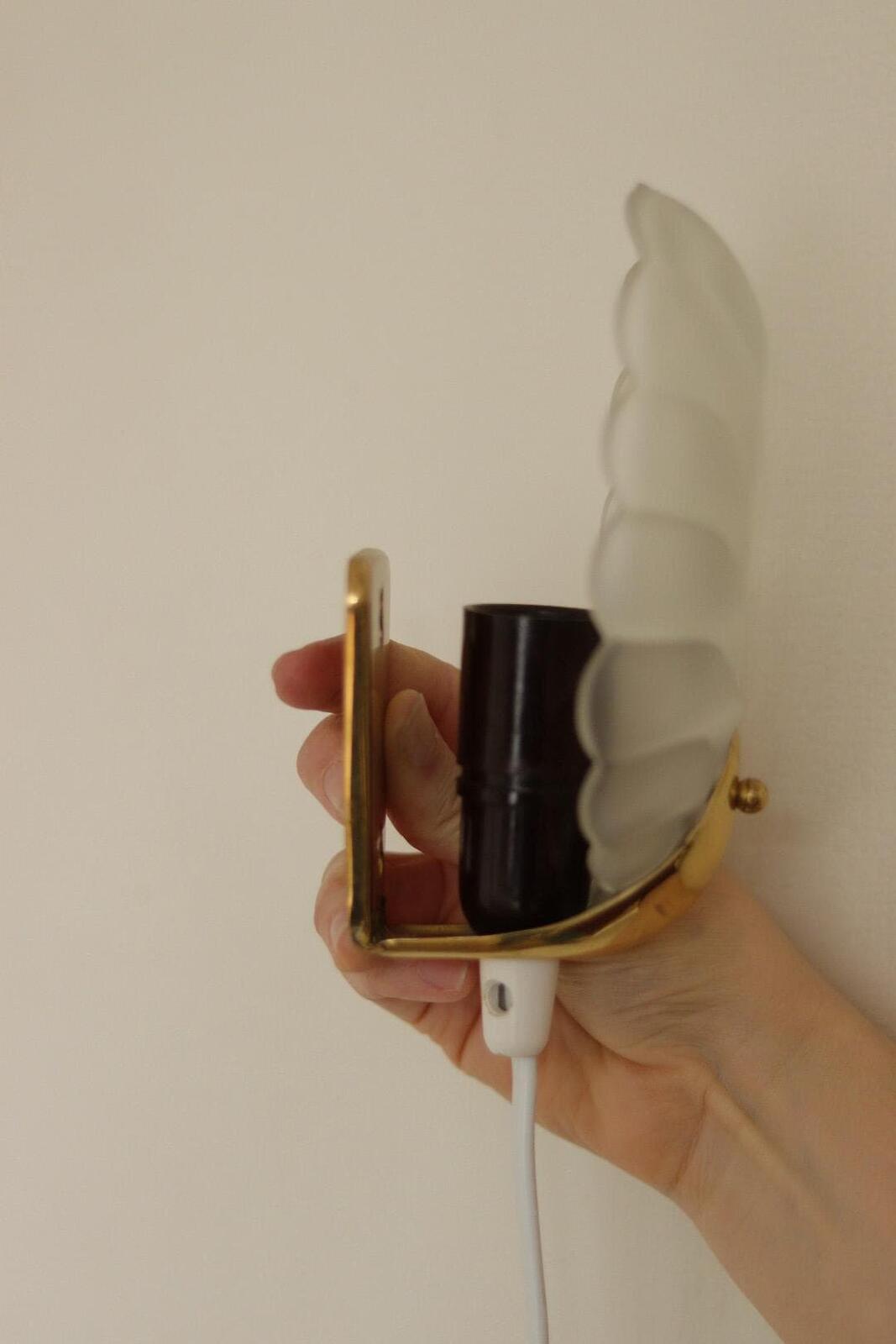 Pair of Art Deco Brass & Glass Shell Wall Lamps – Denmark, 1930s – Rewired, Working, E14