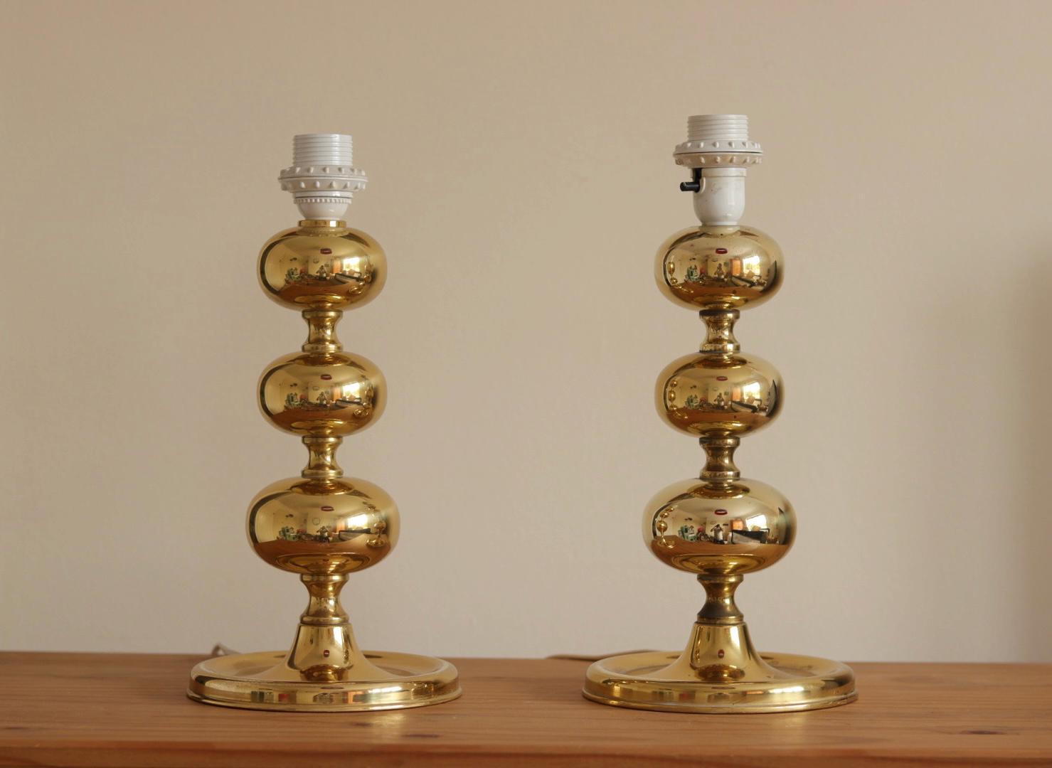 Pair of Swedish Brass Bobbin Table lamp by NAFA Nybro Armaturfabrik AB