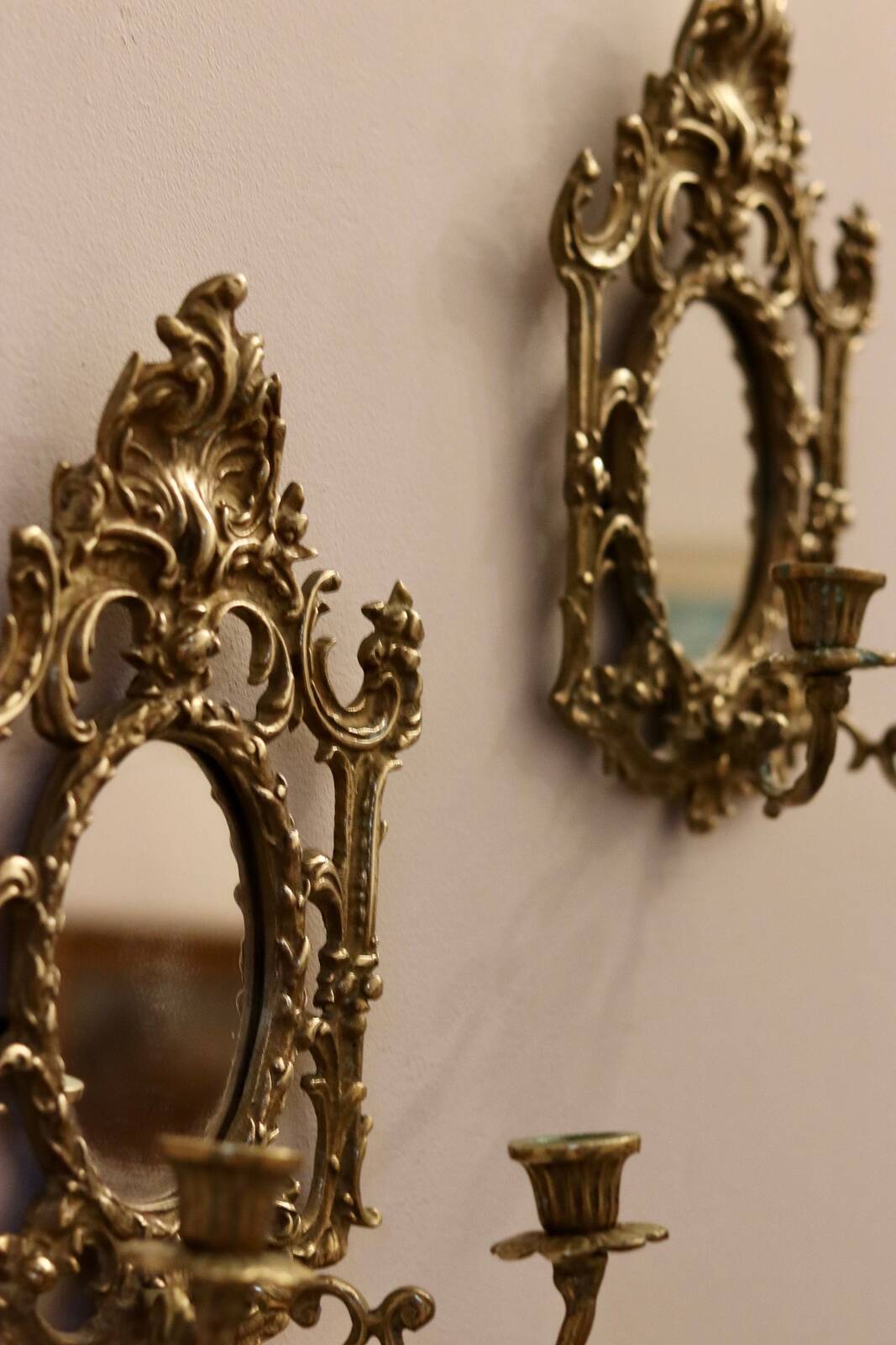 Pair of Antique  Brass Sconces with Mirror