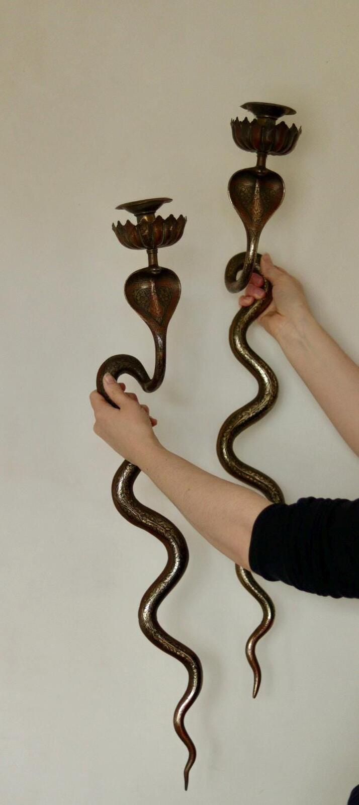 Pair of Egyptian Revival Style Engraved Brass Cobra Sconces