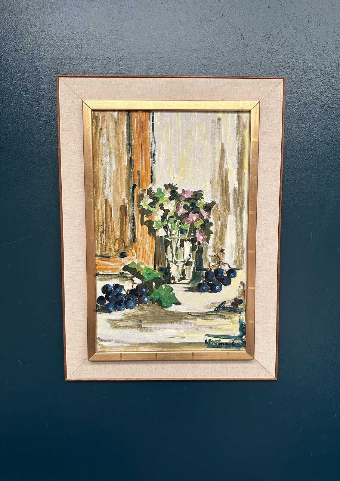Original Swedish Oil on Canvas – “Still Life with Flowers and Grapes” by Aldo Altomare – Vintage & Framed – 64 × 46 cm (25.2" × 18.1")