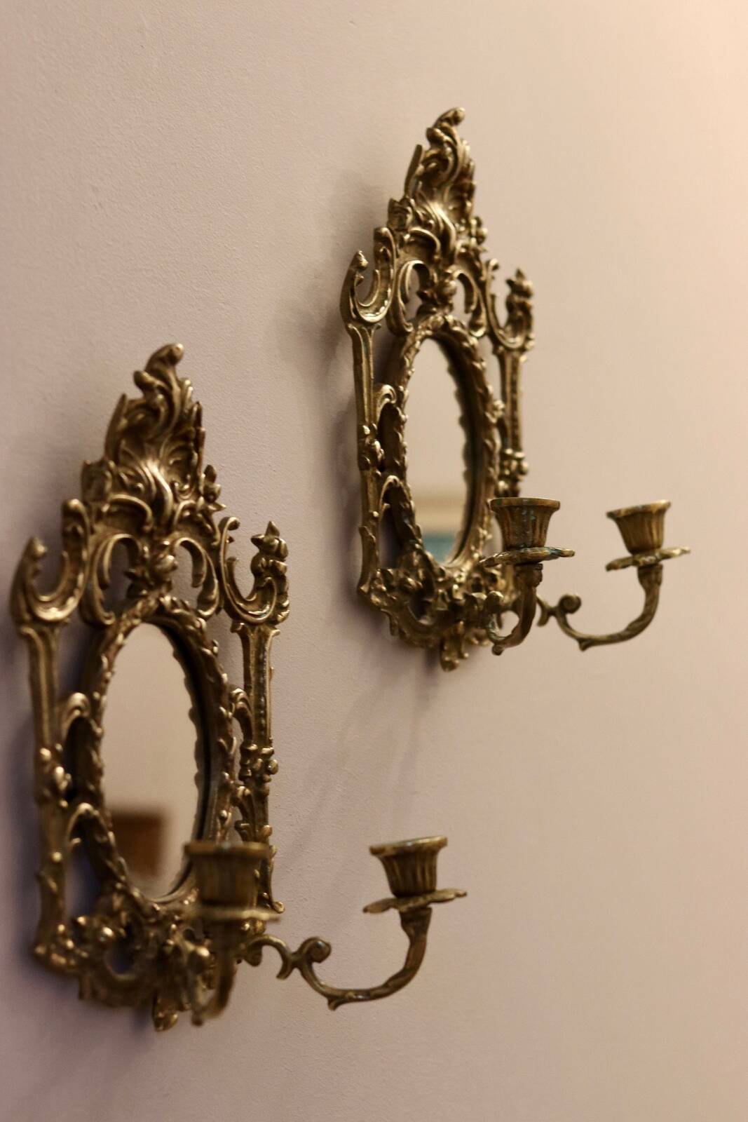 Pair of Antique  Brass Sconces with Mirror