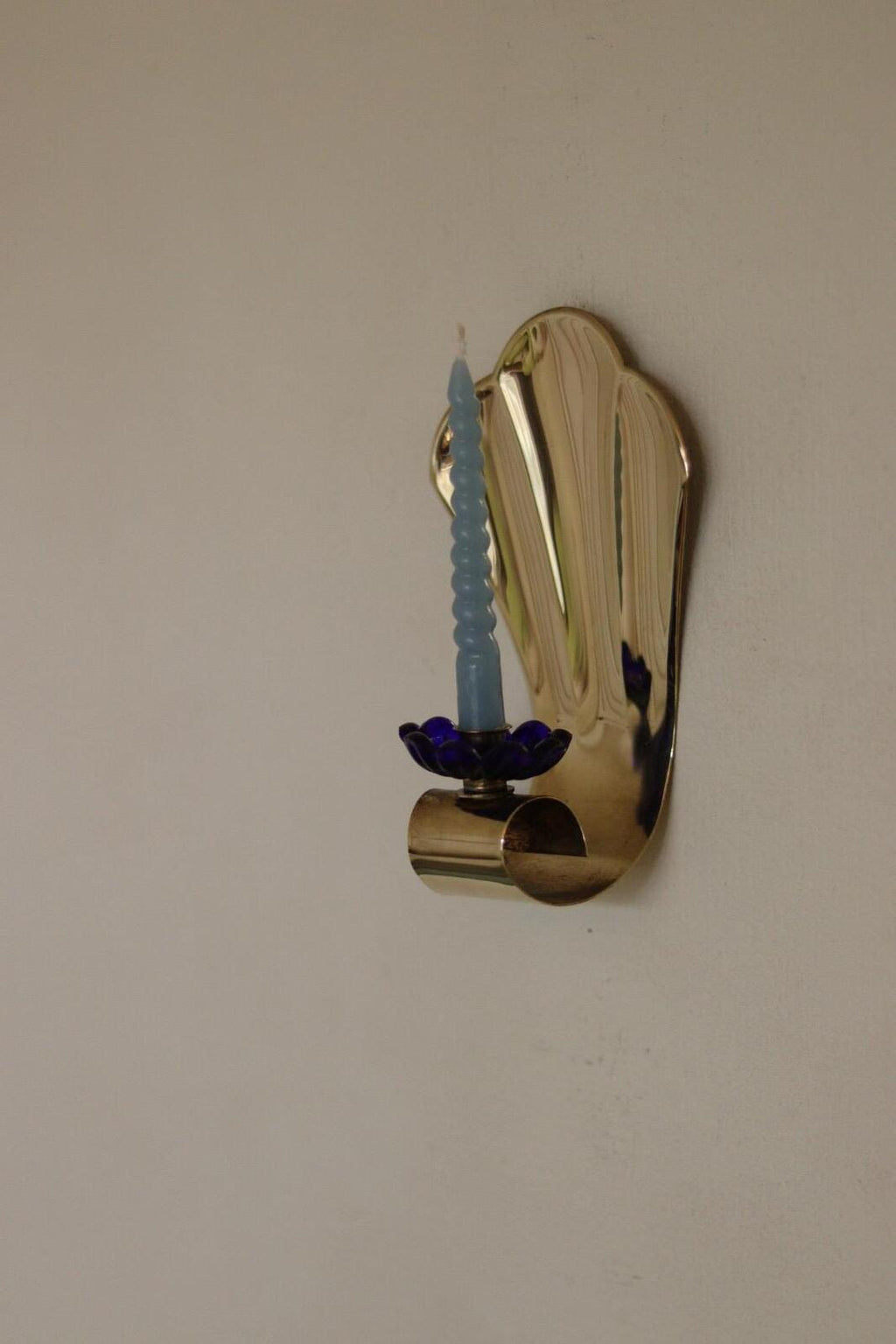 Pair of Vintage Brass Sconces With blue Flower Shape Bobeche (drip tray)