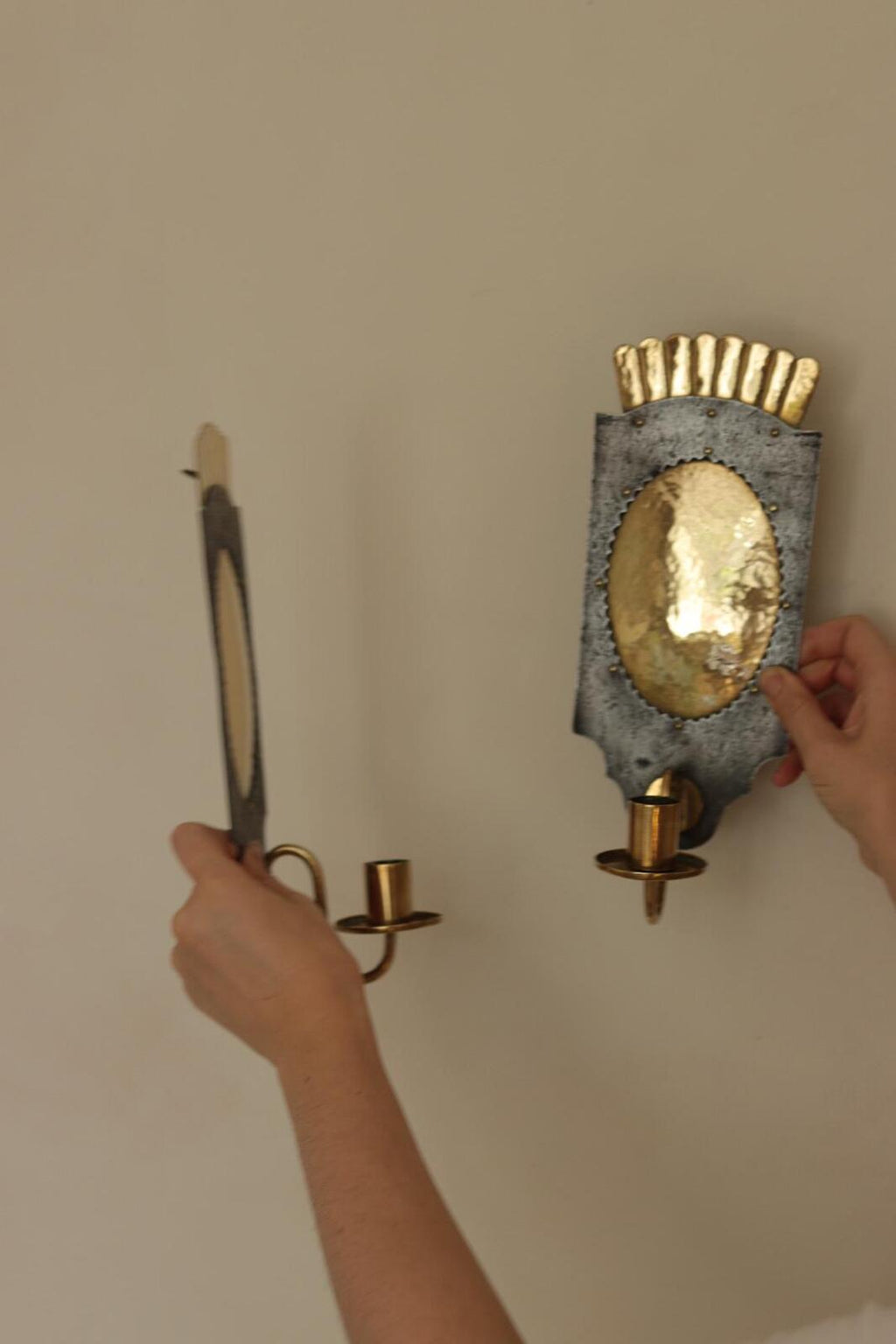 Pair Of Mid Century Swedish Brass  and Metal Sconces