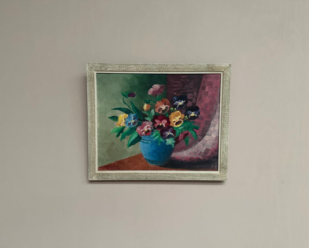 “Pansies in Blue Vase” by G. Stränz