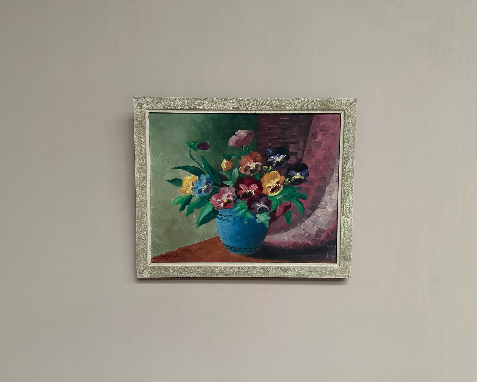 “Pansies in Blue Vase” by G. Stränz