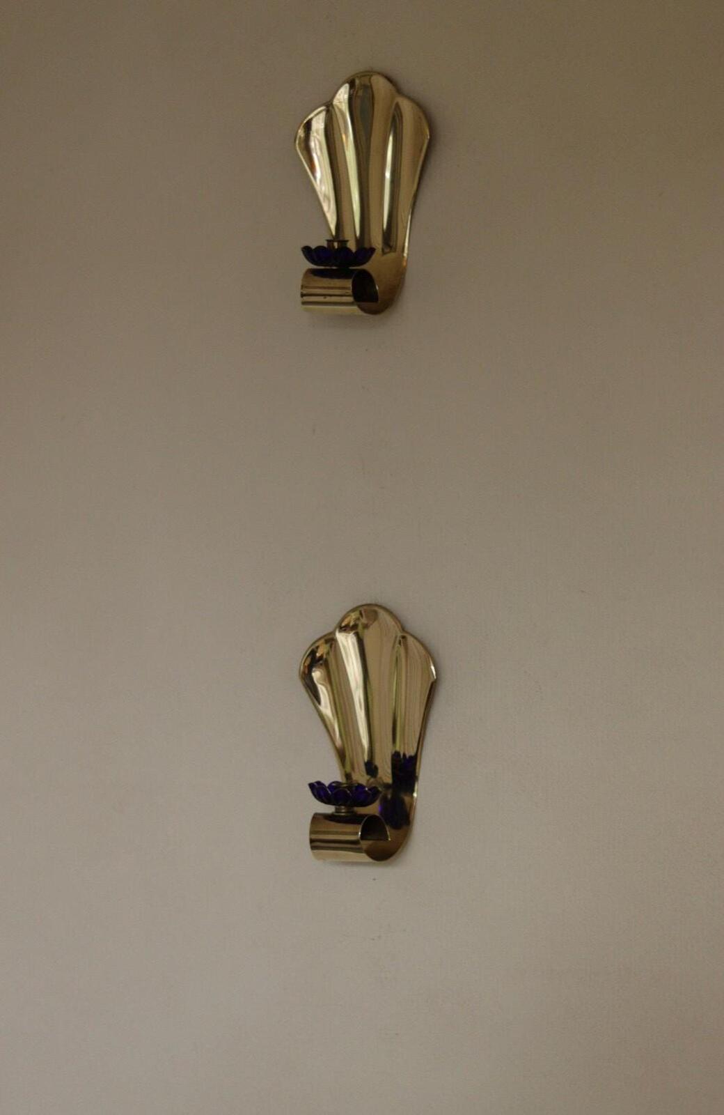 Pair of Vintage Brass Sconces With blue Flower Shape Bobeche (drip tray)