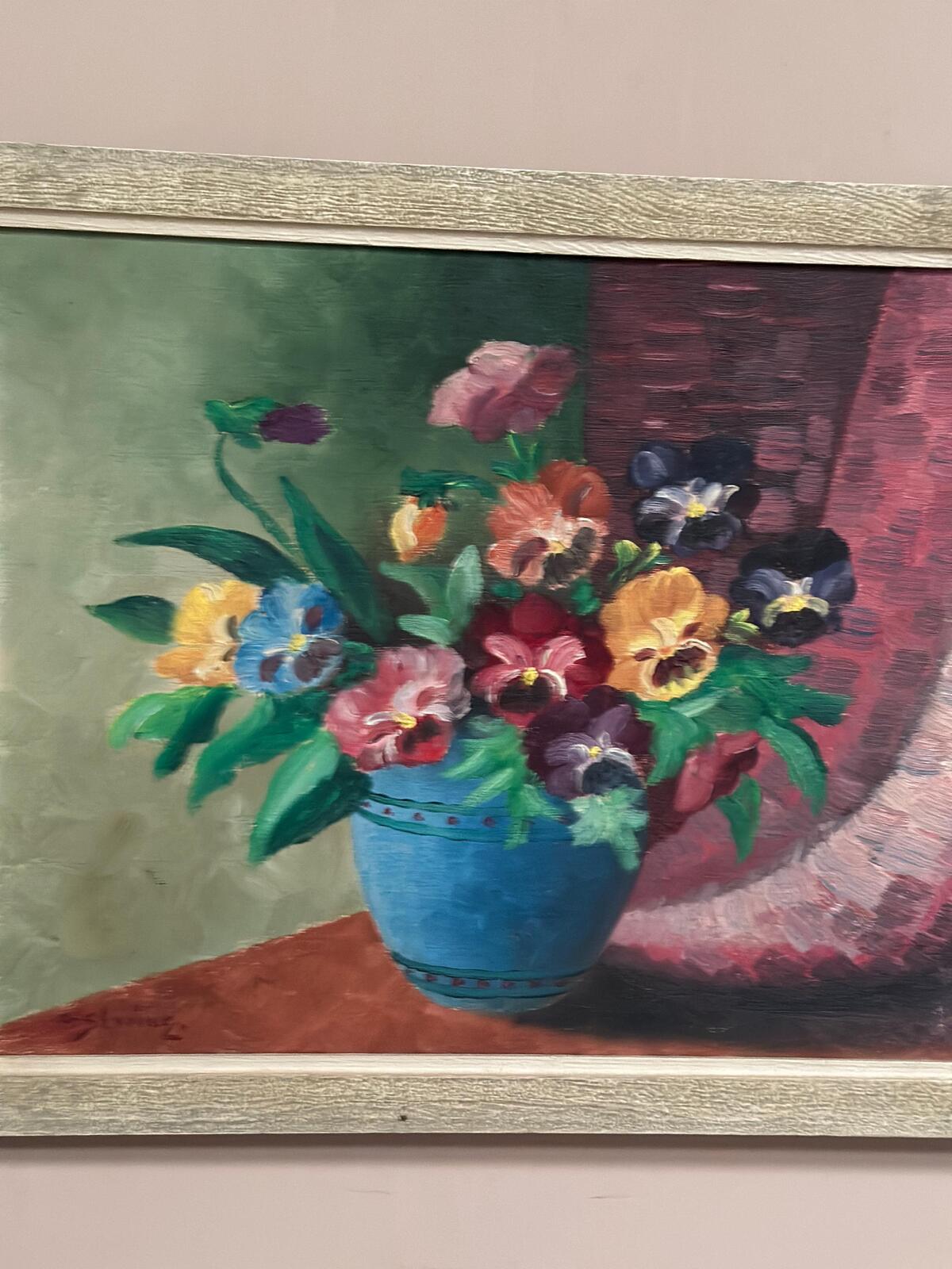 “Pansies in Blue Vase” by G. Stränz