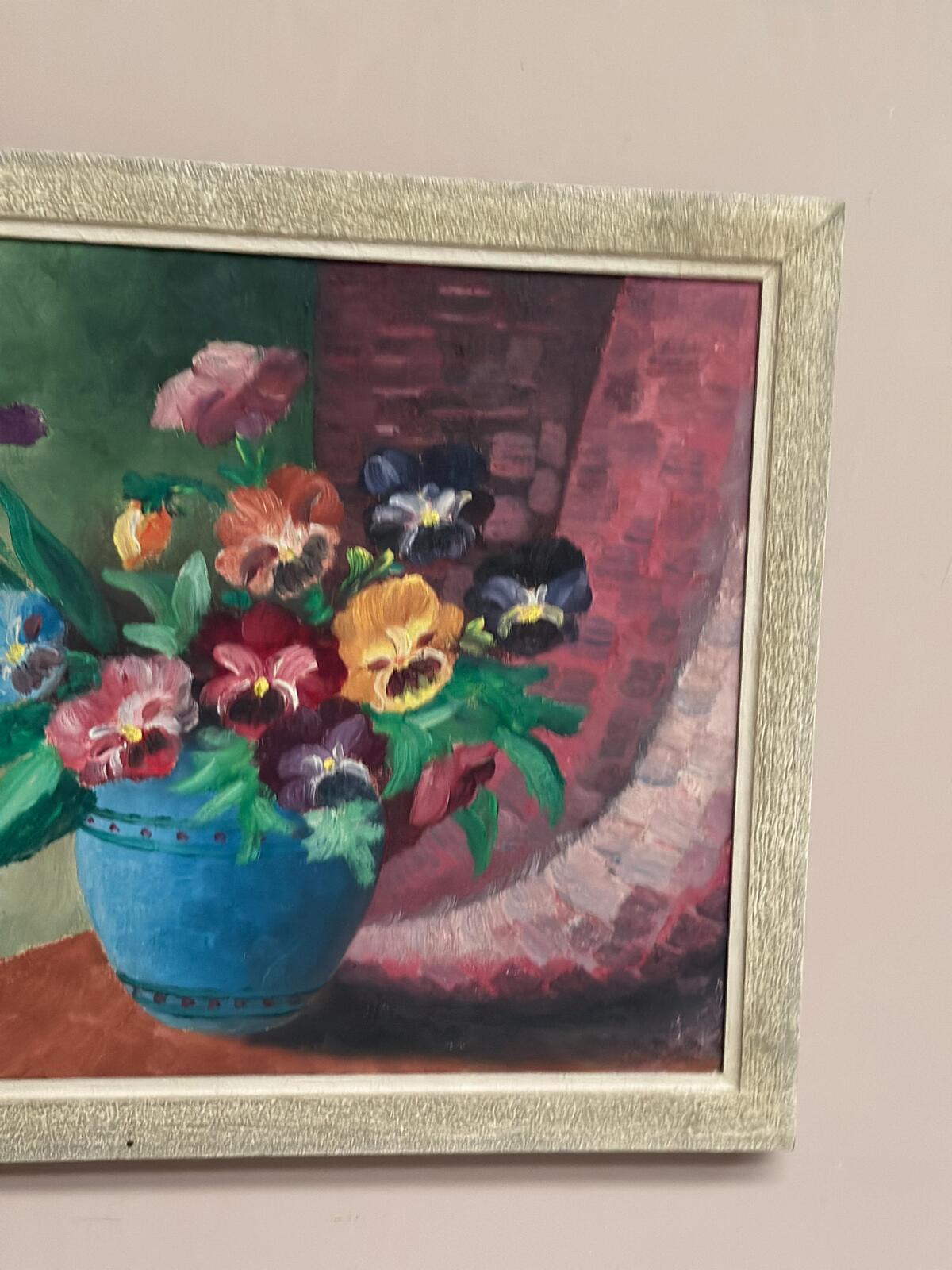 “Pansies in Blue Vase” by G. Stränz