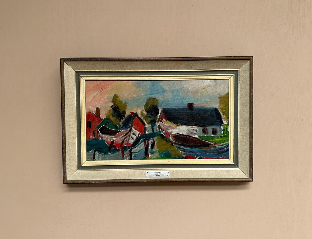 “Boats in Fishing Village” by Louis Zelig (1922–1993)