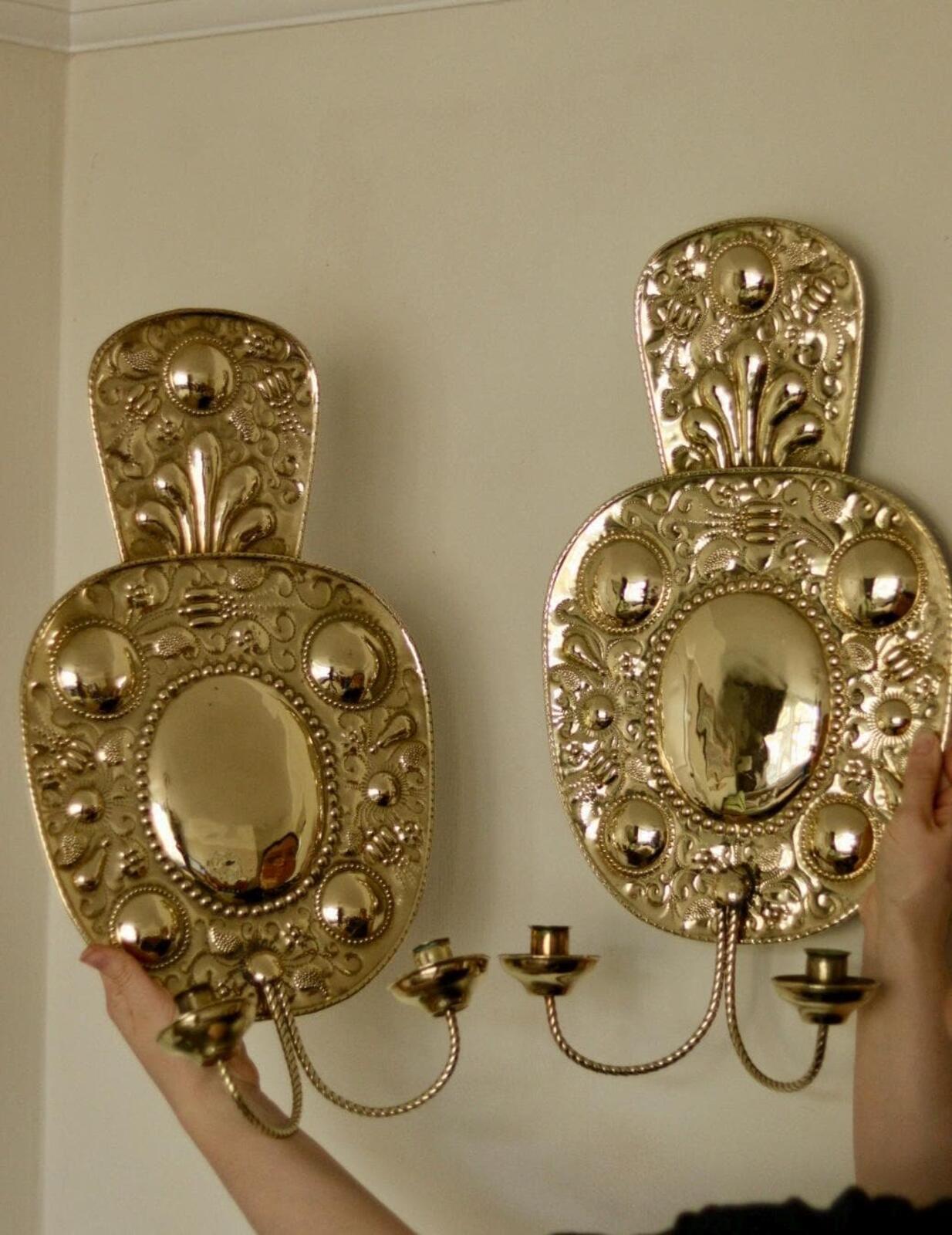Pair Large baroque Style Mid Century Swedish Brass Sconces