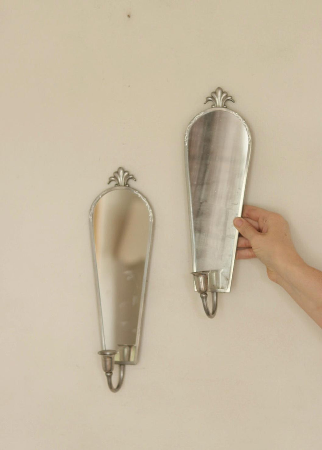 Pair of Mid Century Swedish Pewter Sconces with Mirror