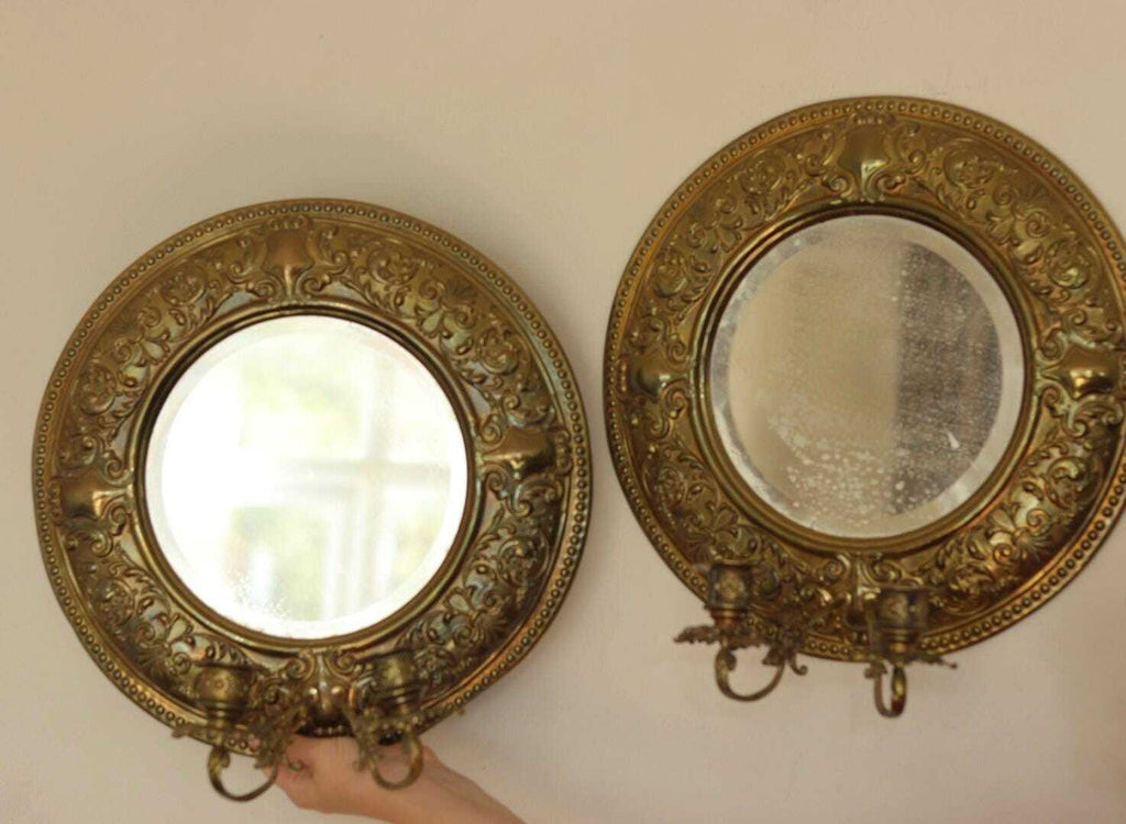 Pair of Swedish Double Arm Mid Century Style Brass Sconces with Mirror