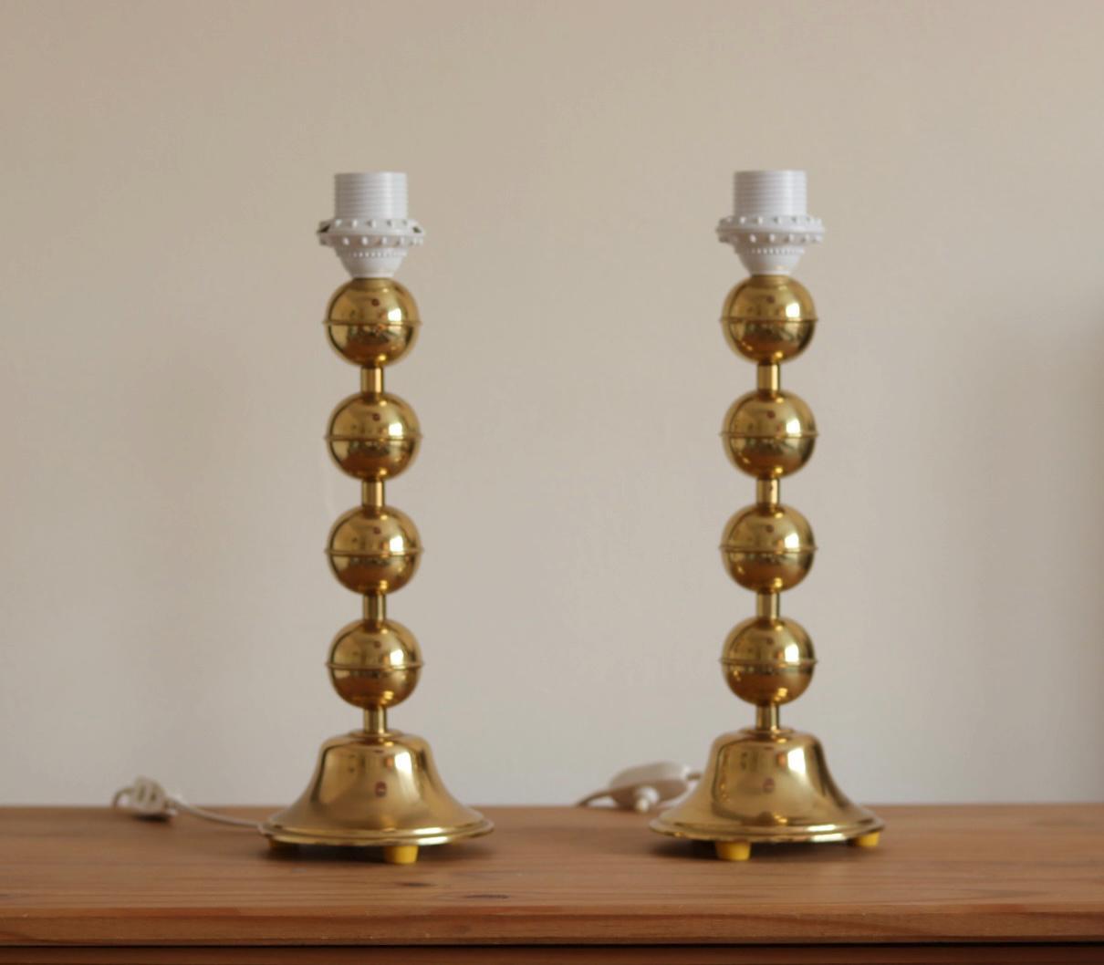 Pair of Vintage Swedish Brass Bobbin Table Lamp By Aneta