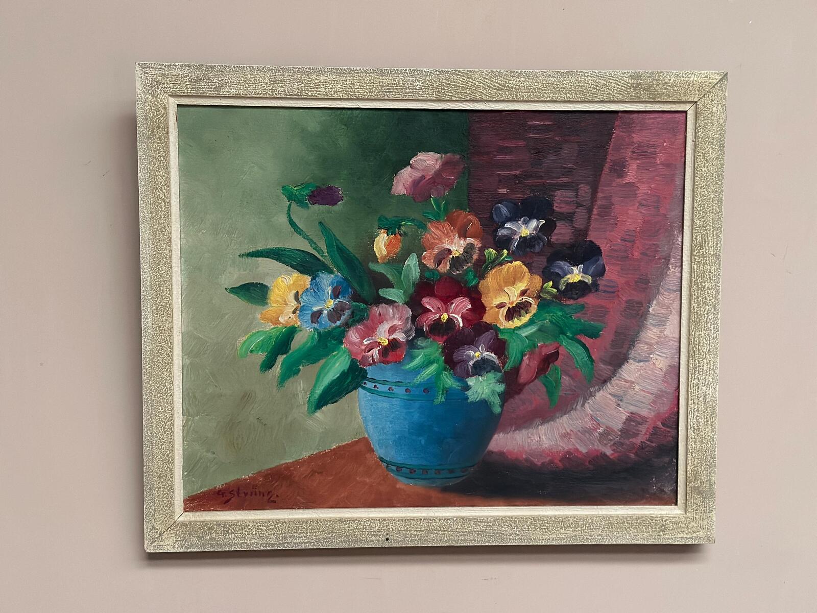 “Pansies in Blue Vase” by G. Stränz