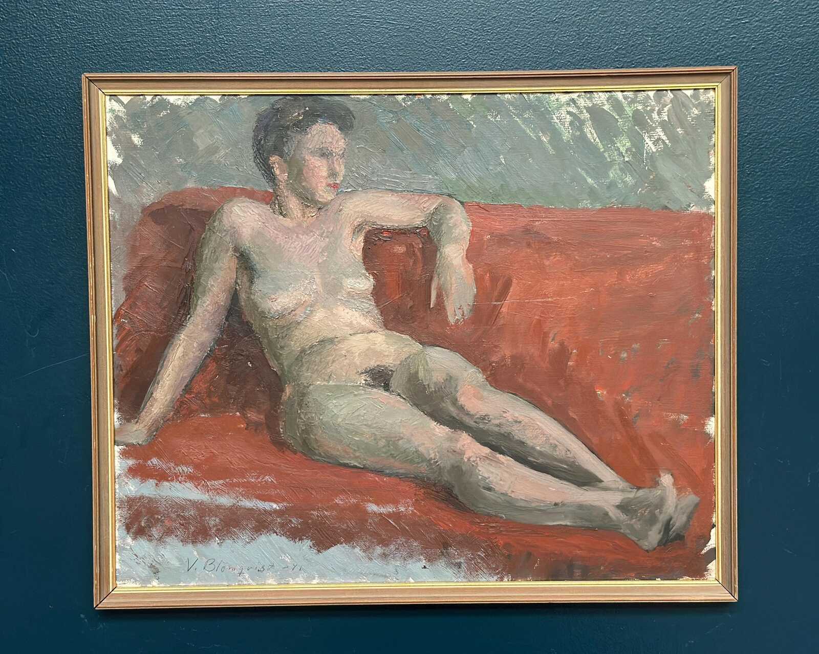 “Reclining Lady on Red Couch” by Vilhelm Blomquist