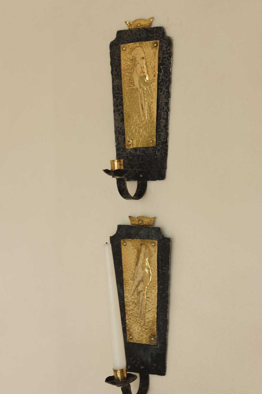 Pair Of Mid Century Swedish Brass and Wrought Iron Sconces with Bird Motifs