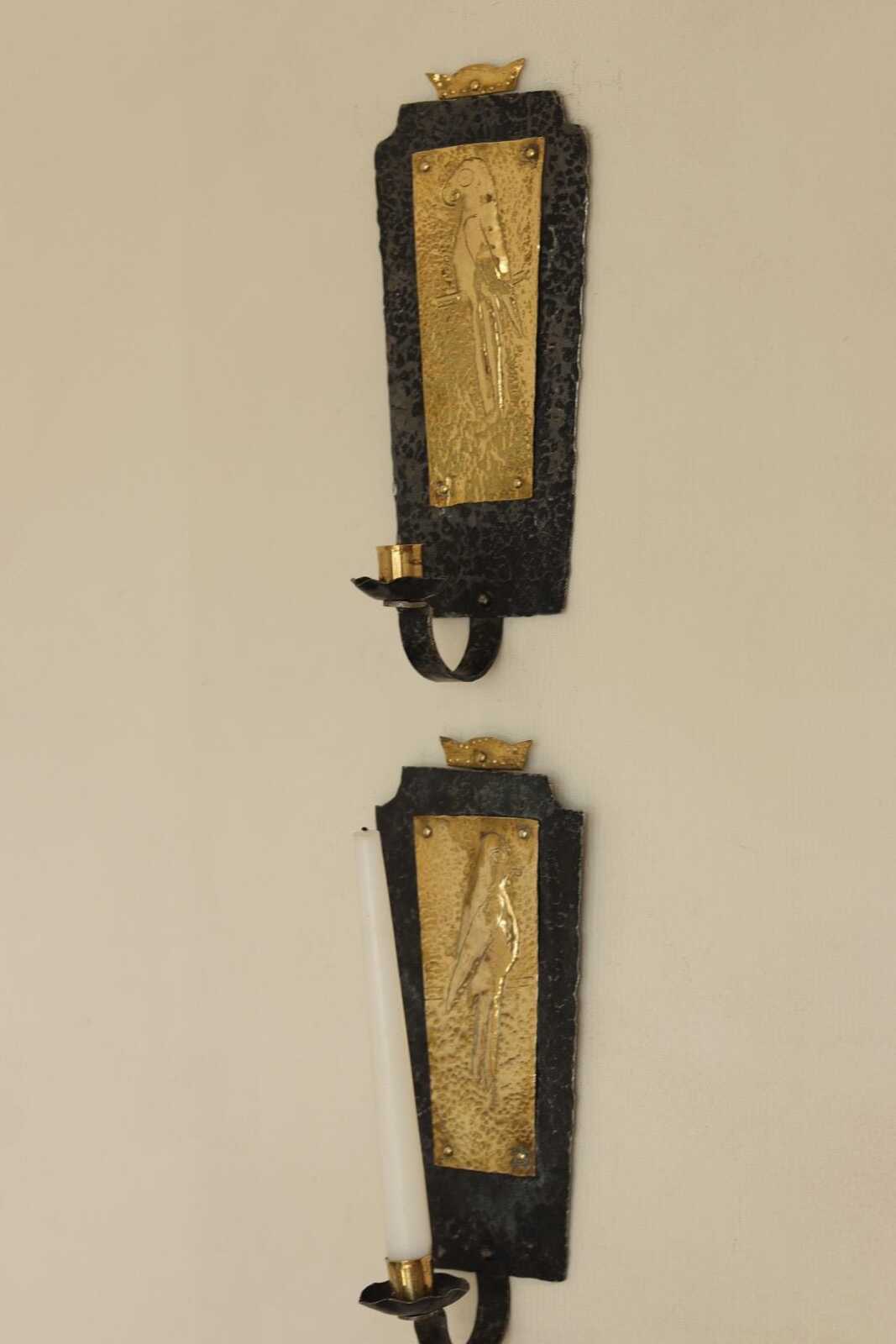Pair Of Mid Century Swedish Brass and Wrought Iron Sconces with Bird Motifs