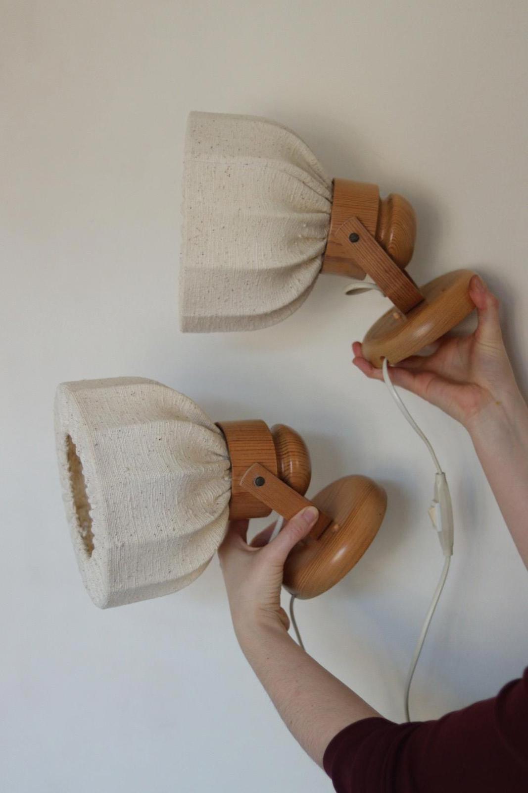 Pair of Vintage Wall Lamps by Solbackens Svarveri, Sweden, 1970s - Pine Wood