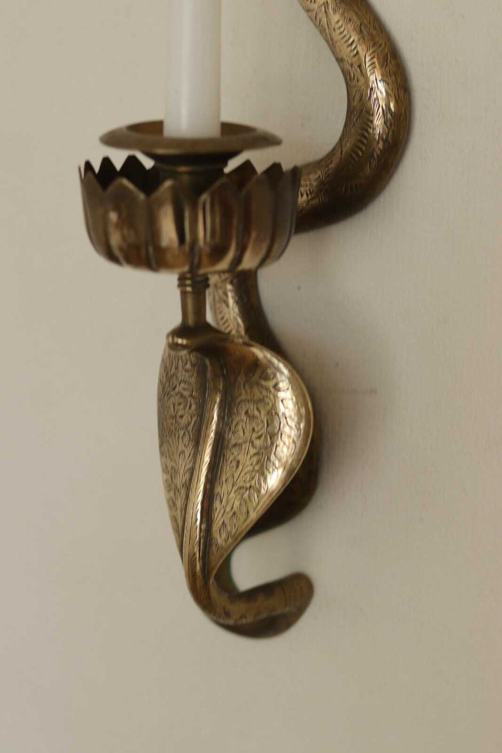 Pair of Egyptian Revival Style Engraved Brass Cobra Sconces