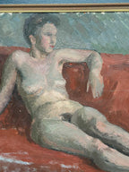 “Reclining Lady on Red Couch” by Vilhelm Blomquist
