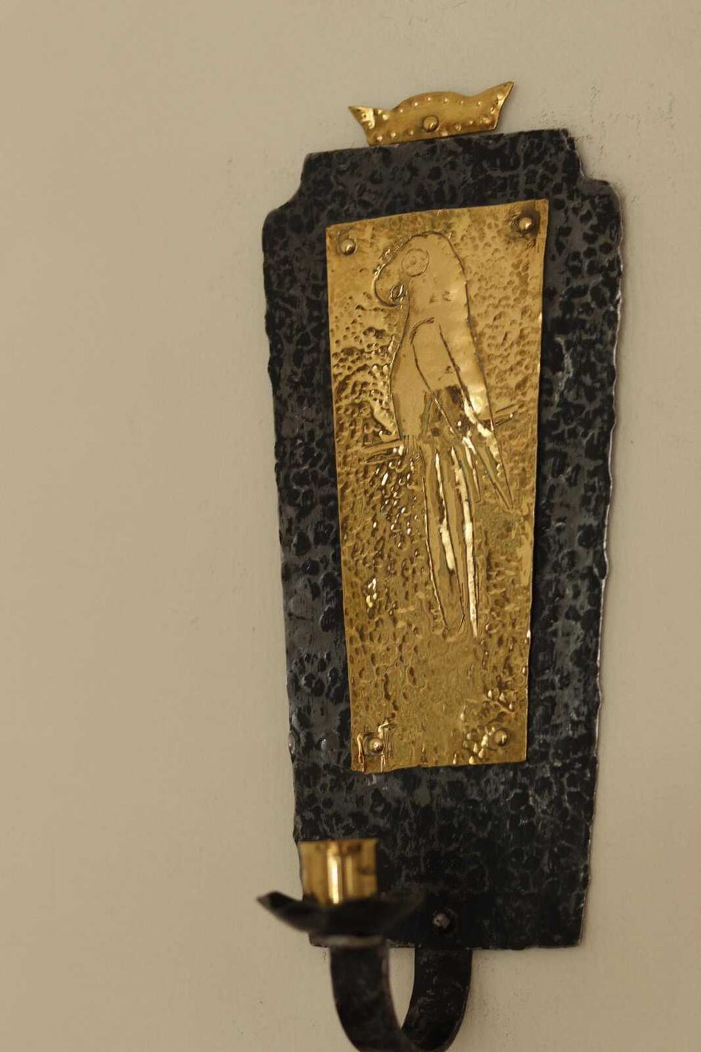 Pair Of Mid Century Swedish Brass and Wrought Iron Sconces with Bird Motifs