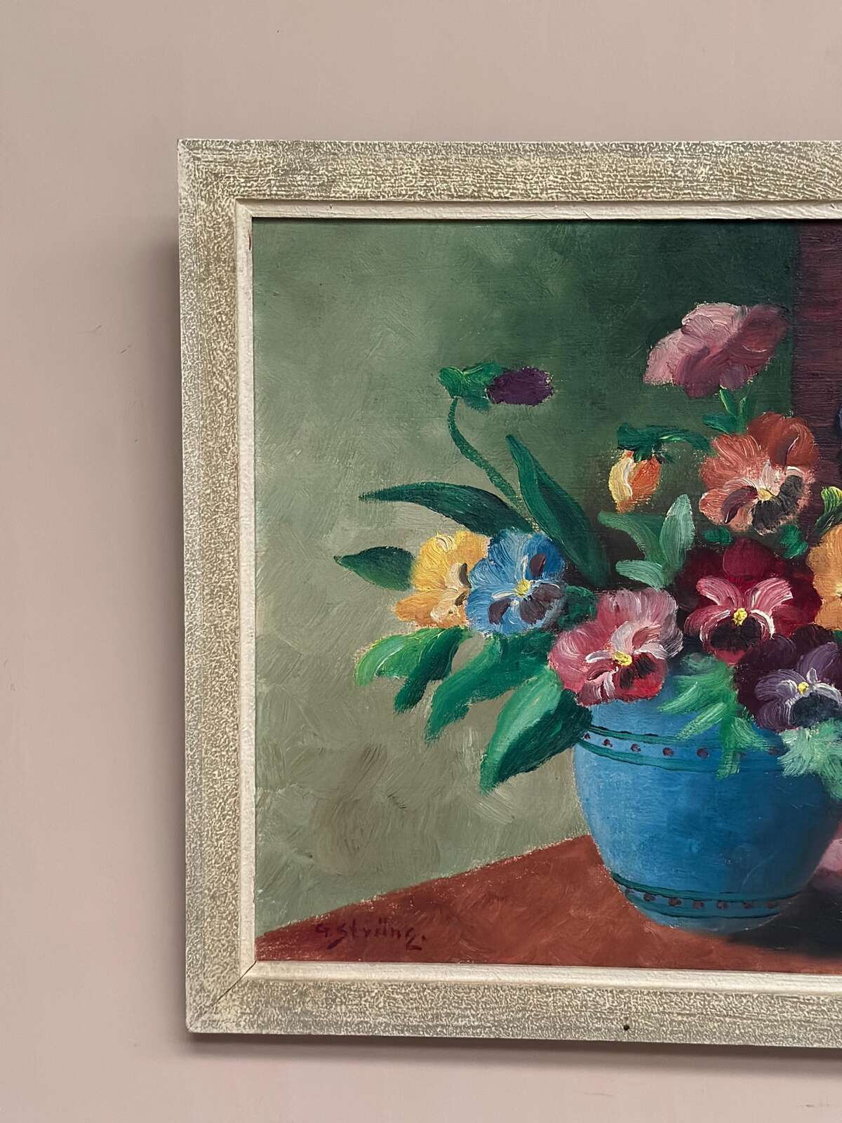 “Pansies in Blue Vase” by G. Stränz