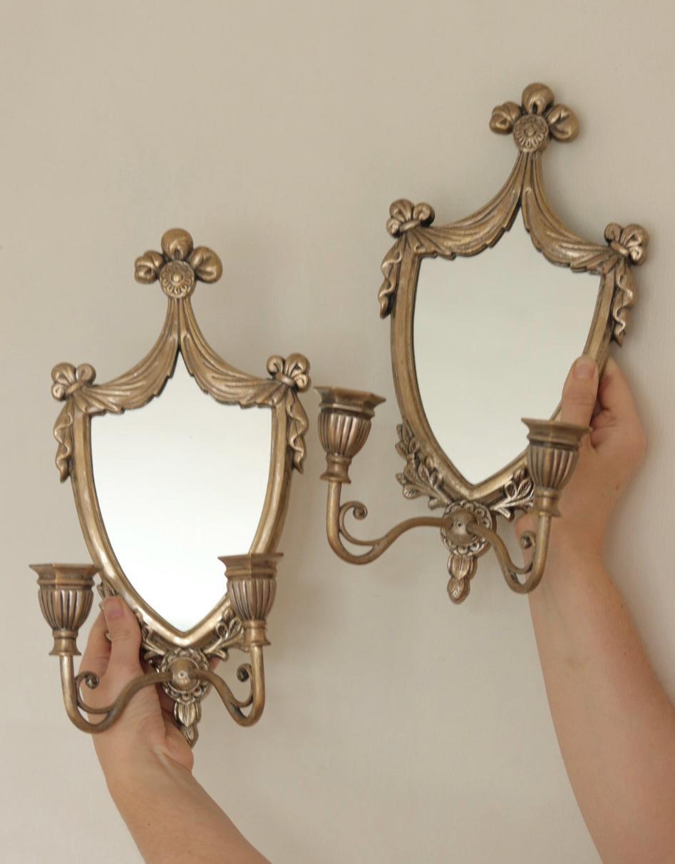 Pair of  Vintage Double Arm Italian Brass Sconces with Mirror