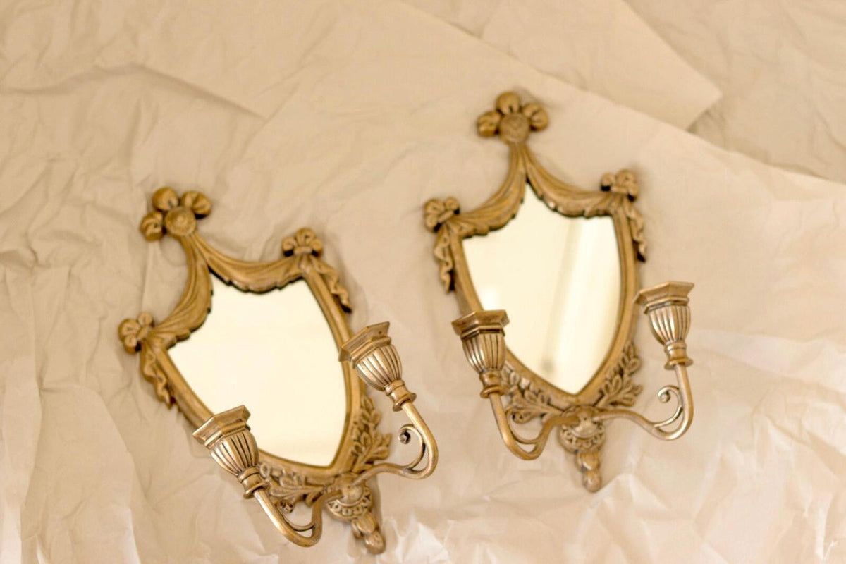 Pair of  Vintage Double Arm Italian Brass Sconces with Mirror