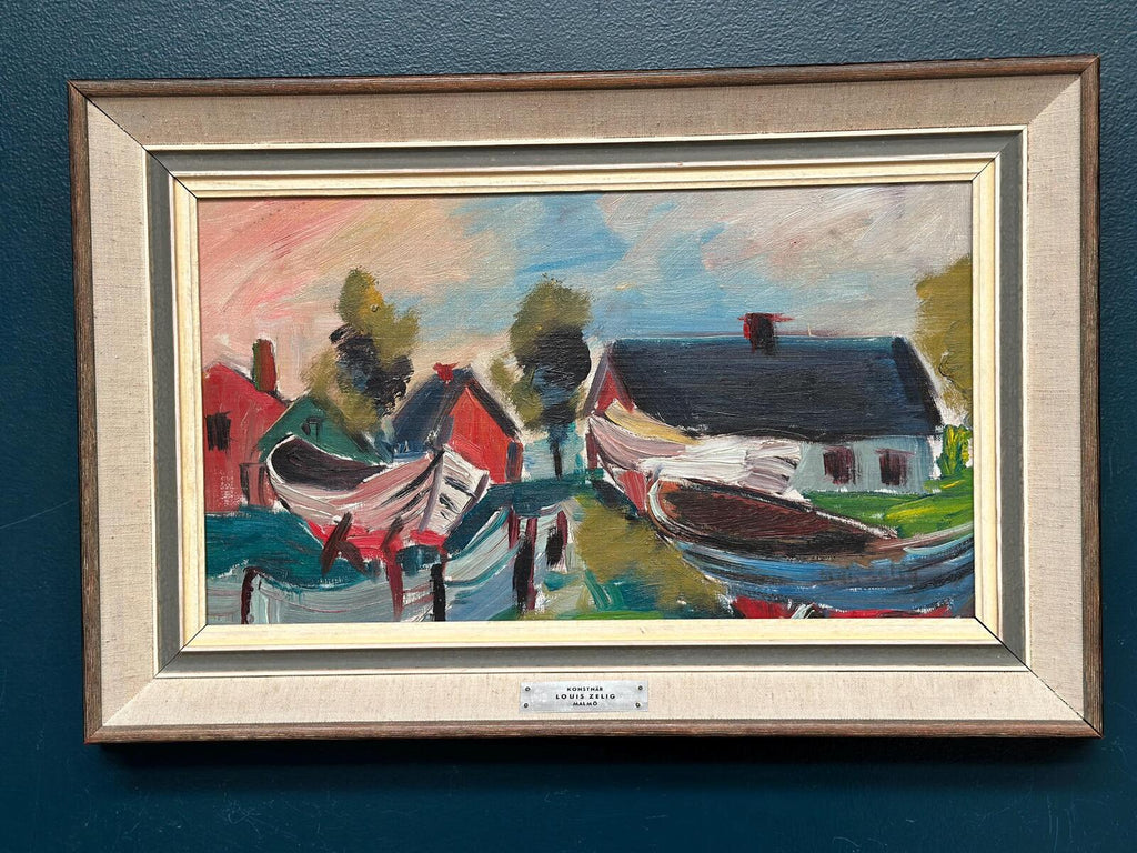 “Boats in Fishing Village” by Louis Zelig (1922–1993)