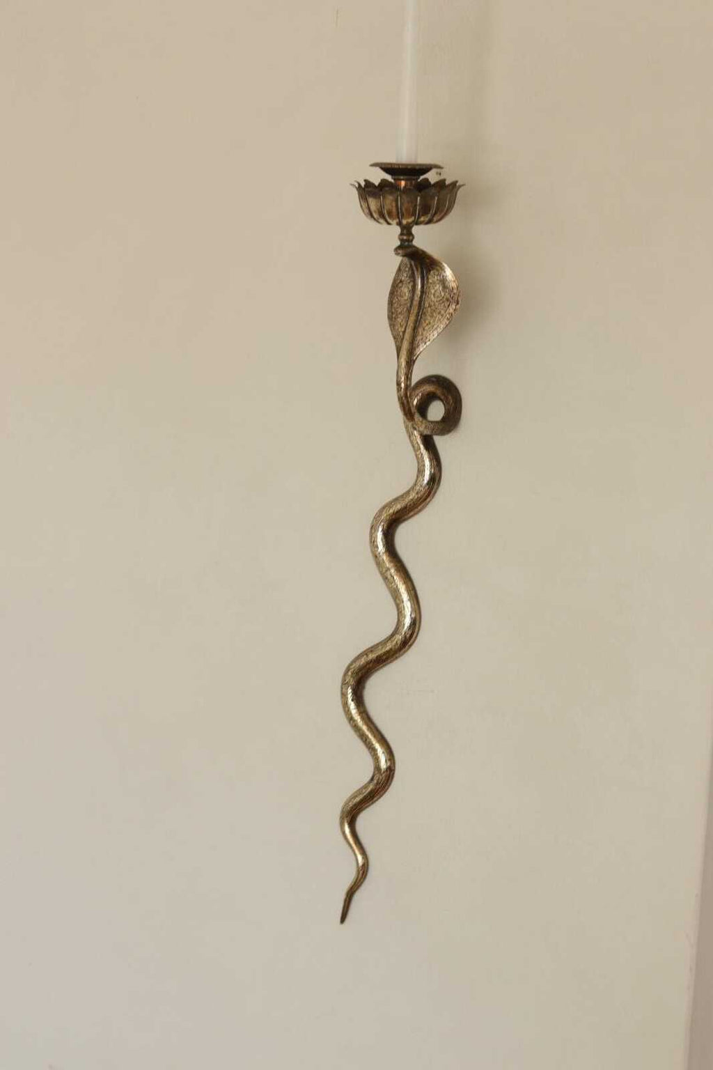 Pair of Egyptian Revival Style Engraved Brass Cobra Sconces