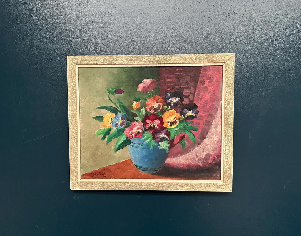 “Pansies in Blue Vase” by G. Stränz