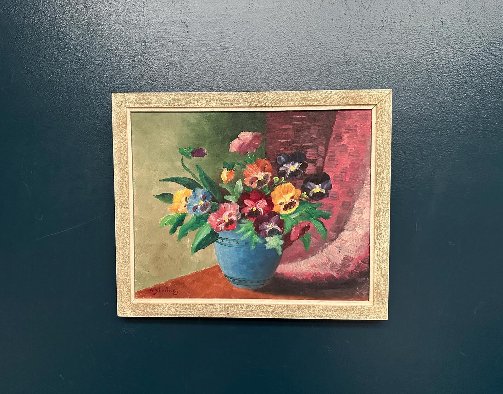 “Pansies in Blue Vase” by G. Stränz