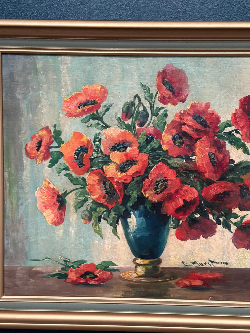 “Red Poppies in Blue Vase” by C. Horst