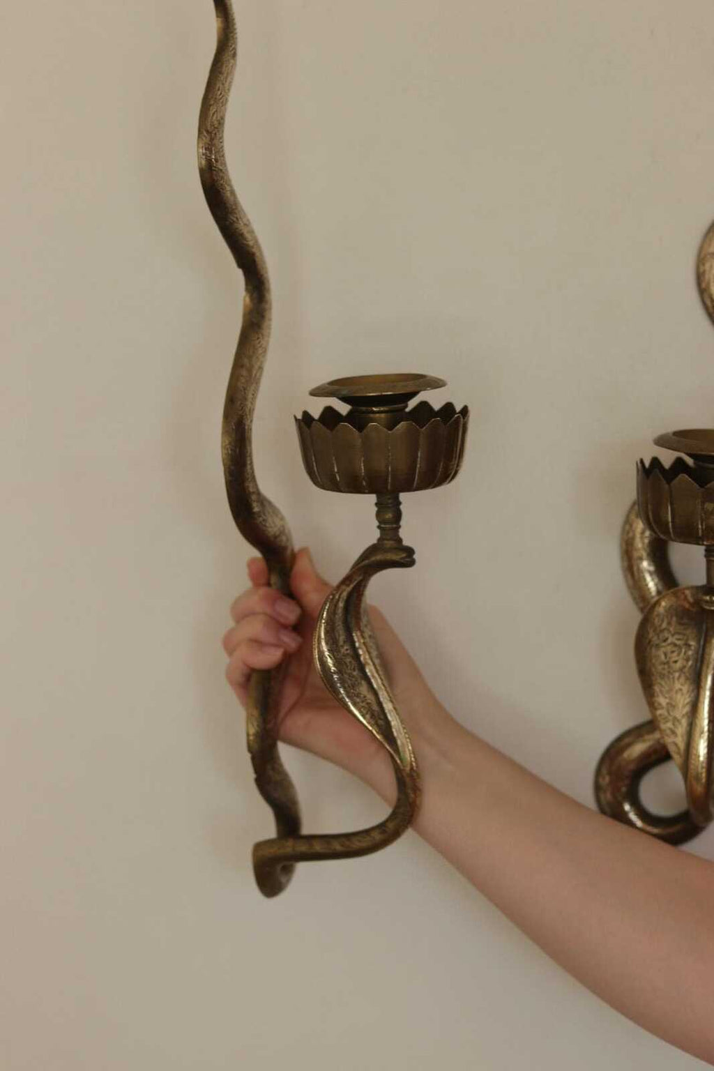 Pair of Egyptian Revival Style Engraved Brass Cobra Sconces