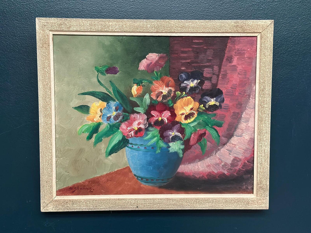 “Pansies in Blue Vase” by G. Stränz