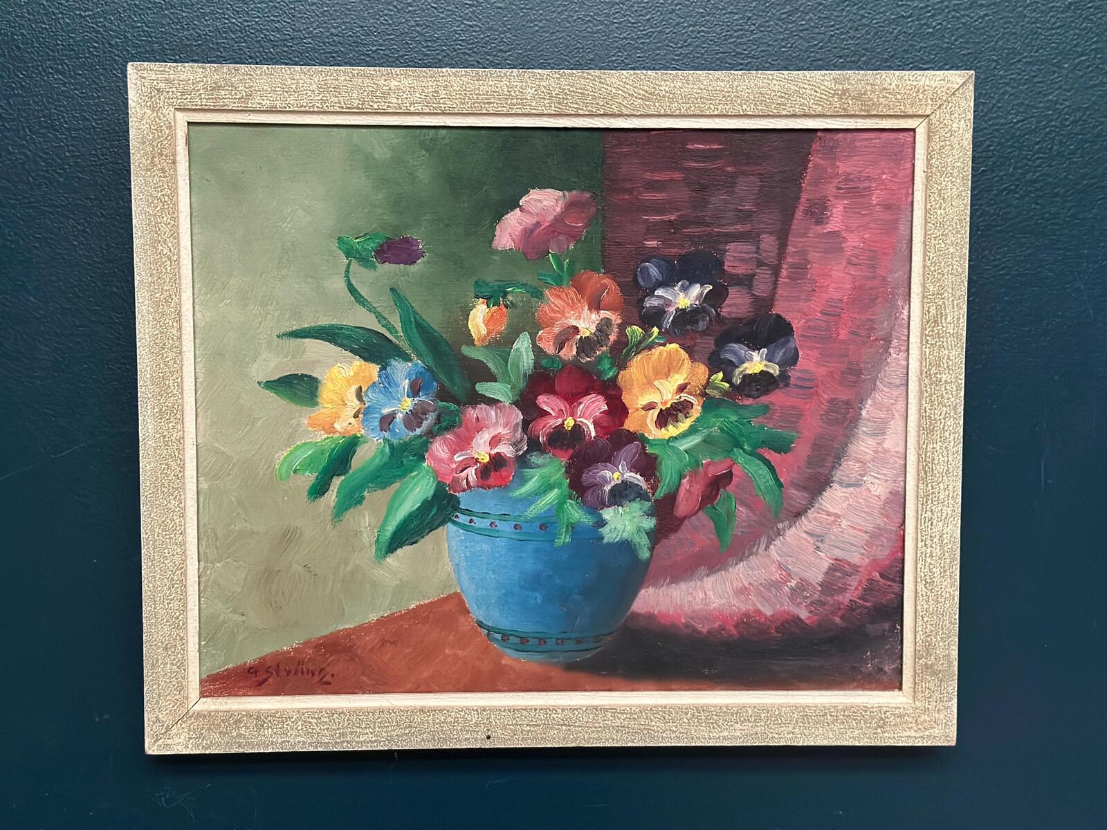 “Pansies in Blue Vase” by G. Stränz