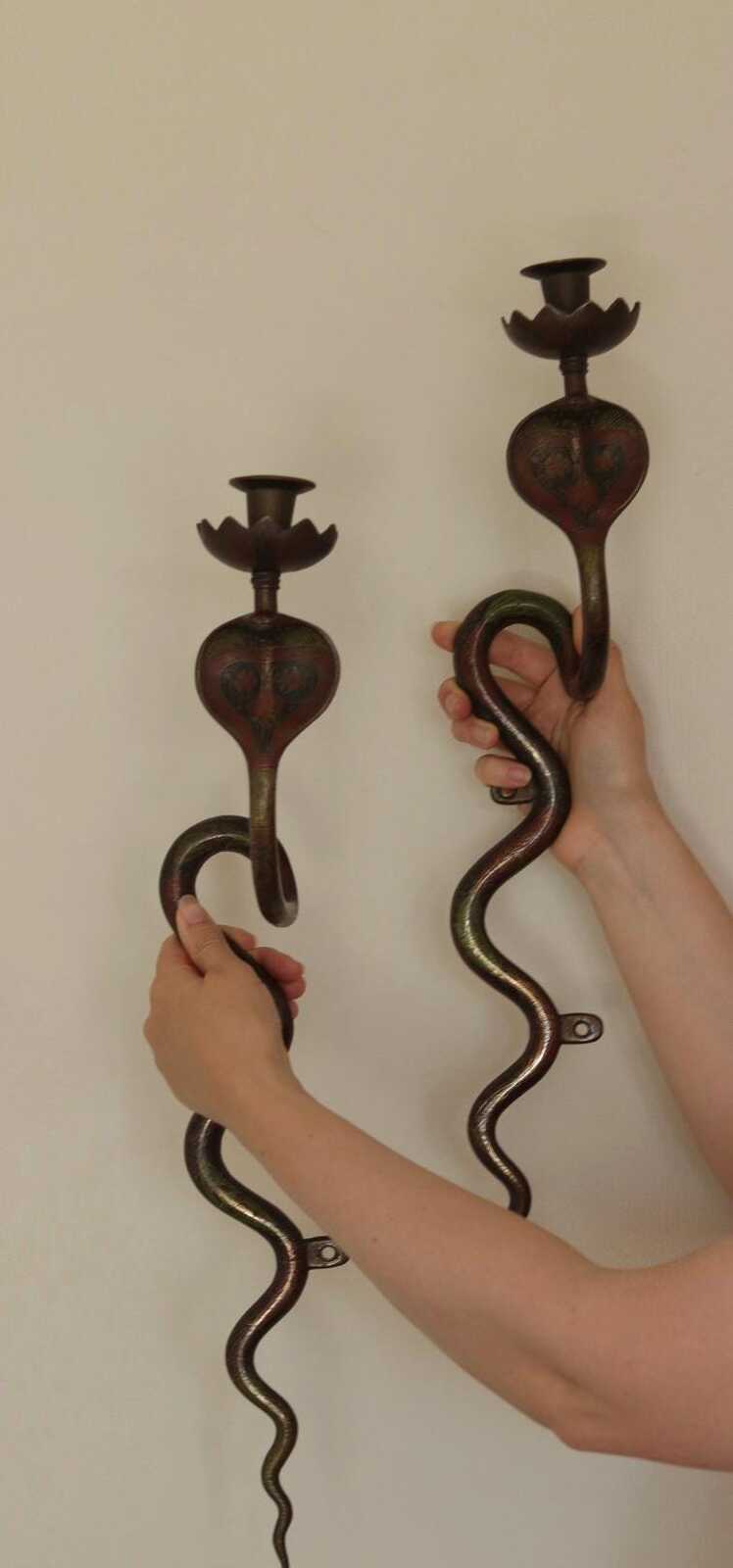 Pair of Egyptian Revival Style Engraved Brass Enameled Cobra Sconces