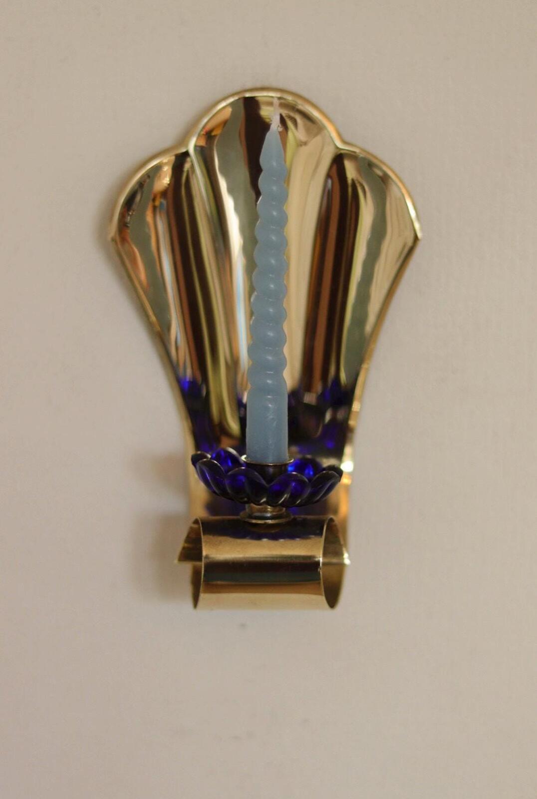 Pair of Vintage Brass Sconces With blue Flower Shape Bobeche (drip tray)