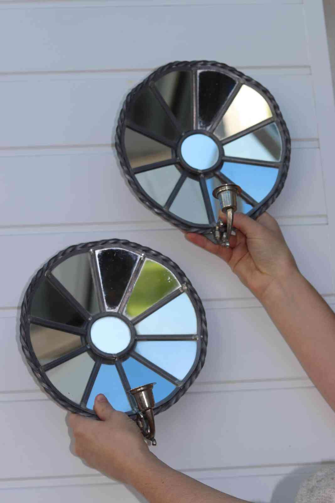Pair of Vintage Sun Mirror Sconces in Pewter by Klöva Hallar