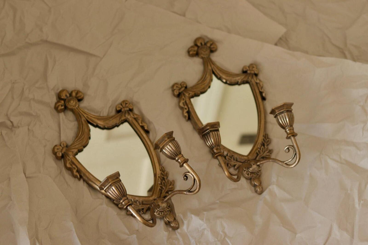 Pair of  Vintage Double Arm Italian Brass Sconces with Mirror