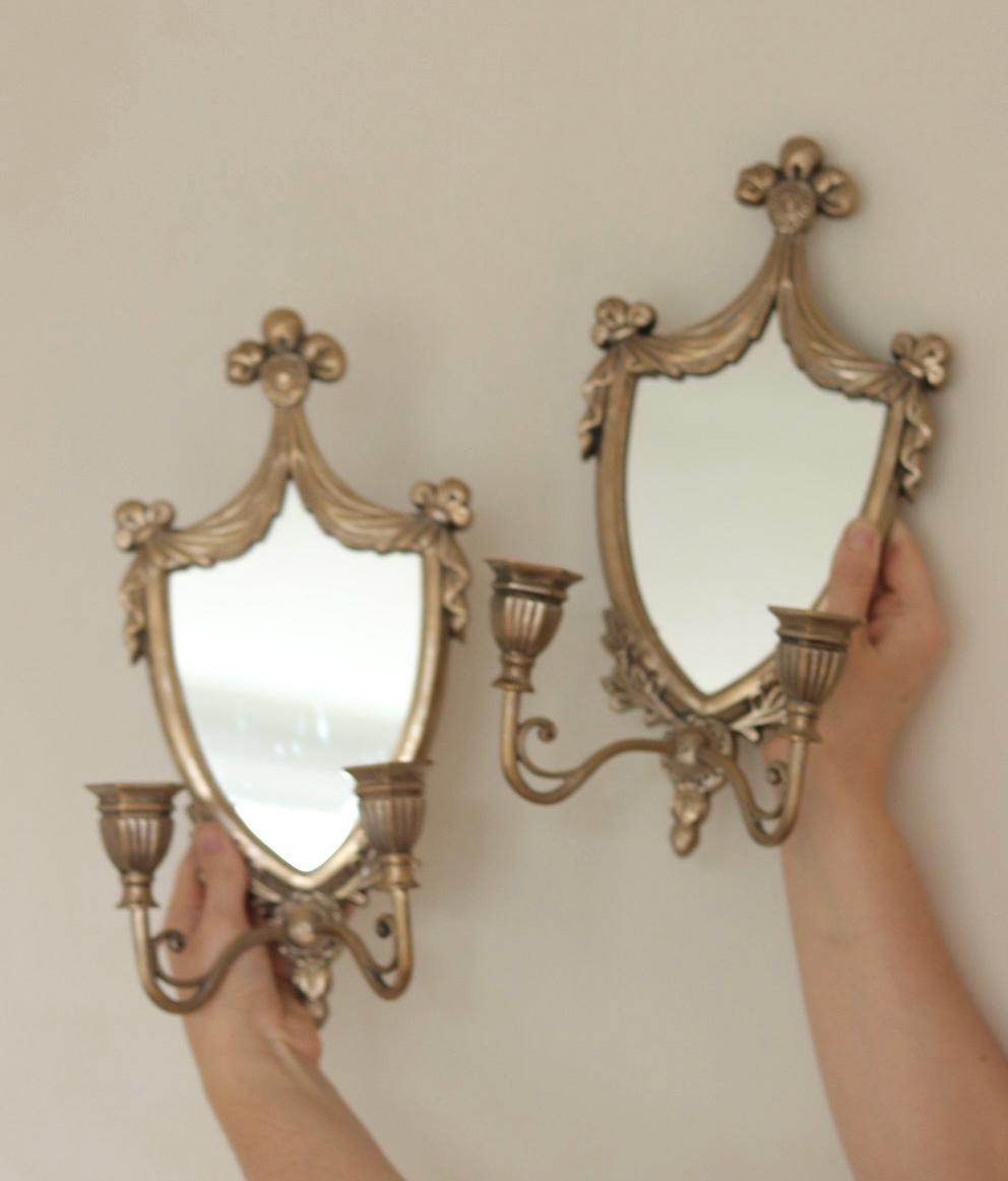 Pair of  Vintage Double Arm Italian Brass Sconces with Mirror