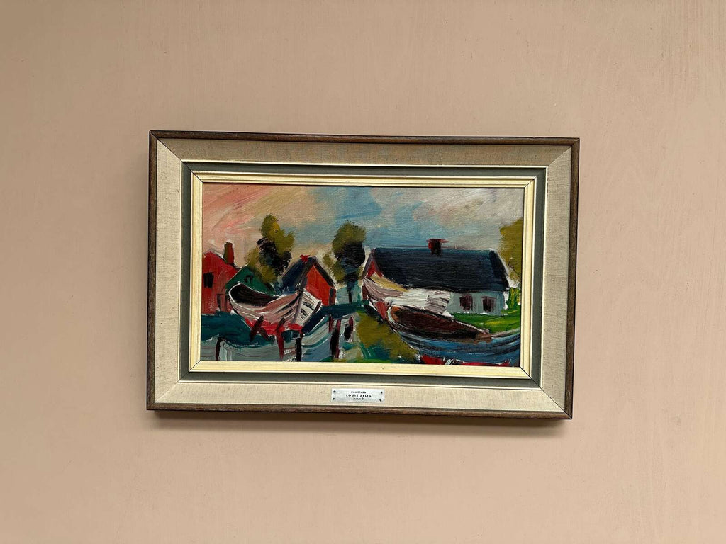 “Boats in Fishing Village” by Louis Zelig (1922–1993)