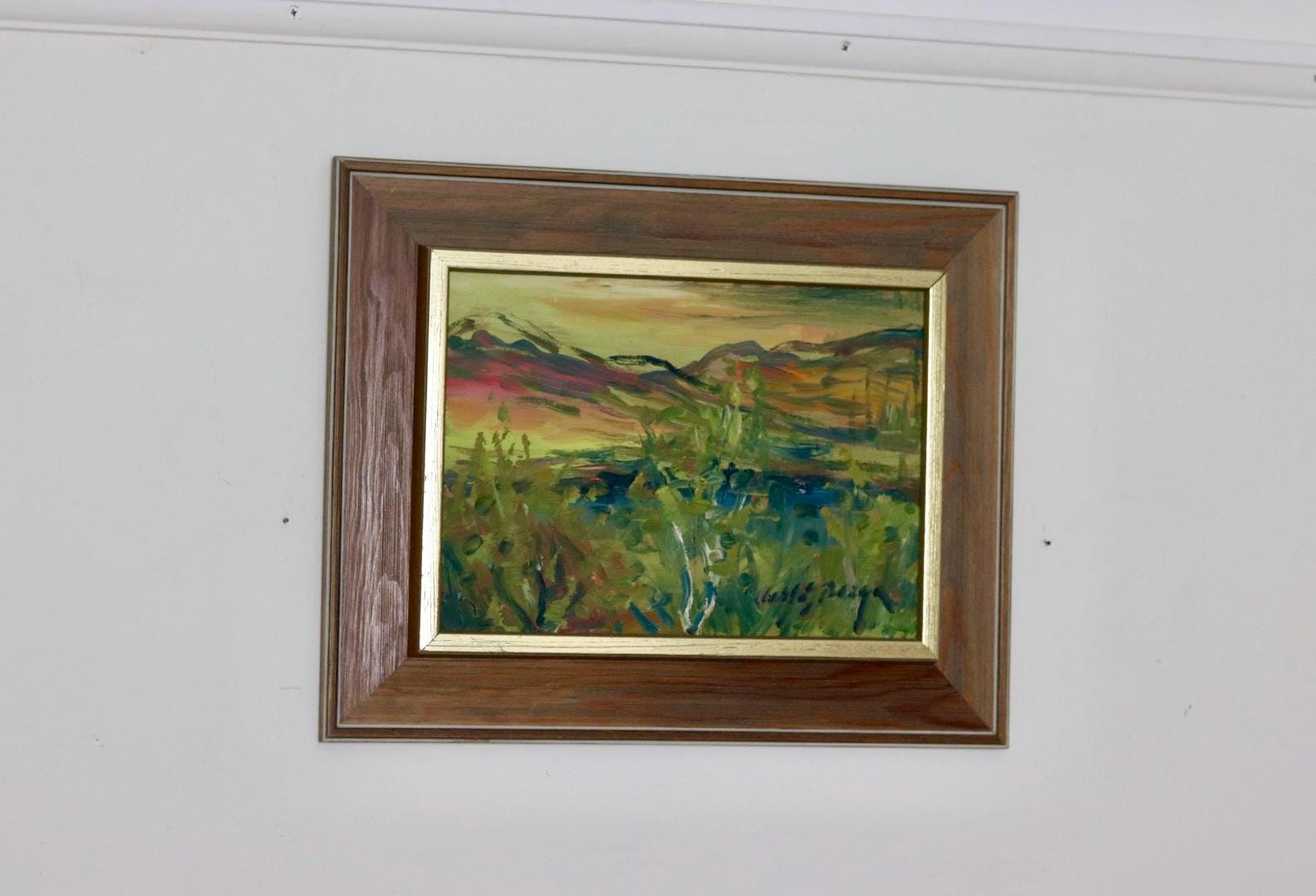 Original Swedish Oil on Panel "Sunset Mountains"